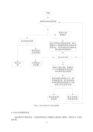 开始



                      系统时钟状态更新



                                T
                                         新病人病
                                         情确诊


        医院状态更新
                                    病人等待队列状态更新：病人
                                    根据自己得病类型进入相应等
                                    待队伍，各等待队伍内部按先
                                       到先服务原则排列
               院内床位
               信息更新

                                        是否有空床       F


  病人出          计算院内                         T
   院           空床数
                                      确定当前日期，依据表
                                      6.3中数据给各病症队
                                        列付相应优先权值


                                     按队列优先权值大小，依
                                     次选取队列，队列内部按
                                     先到先服务原则进行入院
                                      安排,直至没有空床




                                    院内床位状       病人等待队
                                     态更新        列状态更新


                 图 6.5 床位安排 PFCFS 算法流程图



6.4 床位安排模型仿真

  通过使用计算机仿真，使用按照泊松分布随机生成的病人数据，得到表 6.4 的仿
真结果。
                           16
 