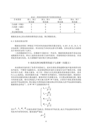 表 8.3 一周各时间段各类手术的优先程度表
 手术类型      周 1、周 2    周 3、周 4        周5   周 6、周 7
            优先级        优先级          优先级    优先级
白内障（单眼）       2          3            0      0
白内障（双眼）       3          0            0      0
  外伤          4          4            4      4
其它眼科疾病        1          0            3      3

根据此表对已给出的排队模型进行改进，然后模拟仿真。

8.3 仿真结果及评价

  模拟仿真得到三种情况下单位时间内病床周转次数分别为：9.267、9.45、10.3。可
以知道第三种情况相对较好，所以医院手术时间安排可作调整，具体安排为白内障两
次手术时间为周 3 与周 5。
  三次的数据相差不大，在模拟中可能存在一些误差，数据的收集原则不妥也会造
成数据的不真实，所以上述的仿真结果只为参考使用，若想得到更可靠的结论，应该
重复多次进行仿真，从大量数据中进行统计分析总结规律。

              9 病床比例分配模型的建立与求解（问题五）

    本问将床位划归给了各类不同的病人，此时在排队系统建模时就不能再将所有的
床考虑为一个整体当成服务台，而是要按照床位划归方案划分为多个服务台组，各服
务台组专为某一类病人服务，对于同一类病人以先到先服务的原则进行排队。患者
Poisson 流到达，把各组服务台成一个整体作为单服务台，同组的床位越多，则该组在
单位时间内服务的病人数也越多。服务时间呈负指数分布，并且假定顾客源无限、服务
空间容量无限，则可以构成几个相互独立的 M / M /1 系统，计算各个排队系统带到稳
态时的平均逗留时间。         然后确定合理的病床分配比例让所有的病人的平均逗留时间最短。
根据排队论理论 ，在 M / M /1 无限源系统中有
              [5]

                                    λ
                             Ls =
                                  µ −λ
                                   ρλ
                             Lq =
                                  µ −λ
                                    1
                             Ws =
                                  µ −λ
                                    ρ
                             Wq =
                                  µ −λ
        L W W
其中 Ls 、 q 、 s 、 q 分别为系统平均队长、   等待队列平均长度、病人平均逗留时间和在等
待队列中的等待时间，服务强度          ρ 满足
                           λ
                      ρ=
                           µ

                               22
 