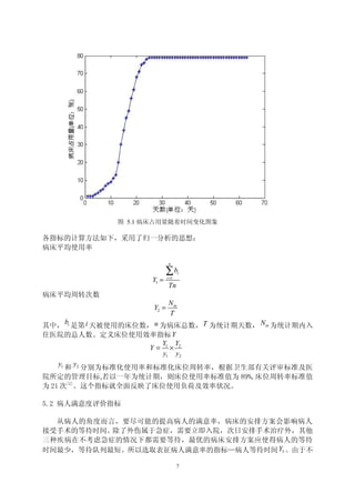 图 5.1 病床占用量随着时间变化图象

各指标的计算方法如下，采用了归一分析的思想：
病床平均使用率

                             n

                            ∑b      i
                     Y1 =   i =1

                             Tn
病床平均周转次数
                             N in
                     Y2 =
                             T
其中， bi 是第 i 天被使用的床位数， n 为病床总数， T 为统计期天数， N in 为统计期内入
住医院的总人数。定义床位使用效率指标 Y
                        Y Y
                     Y= 1× 2
                         y1 y2
  y1 和 y2 分别为标准化使用率和标准化床位周转率，根据卫生部有关评审标准及医
院所定的管理目标,若以一年为统计期，则床位使用率标准值为 89%,床位周转率标准值
为 21 次[2]。这个指标就全面反映了床位使用负荷及效率状况。

5.2 病人满意度评价指标

  从病人的角度而言，要尽可能的提高病人的满意率，病床的安排方案会影响病人
接受手术的等待时间。除了外伤属于急症，需要立即入院，次日安排手术治疗外，其他
三种疾病在不考虑急症的情况下都需要等待，最优的病床安排方案应使得病人的等待
时间最少，等待队列最短。所以选取表征病人满意率的指标—病人等待时间 Y3 。由于不

                                   7
 