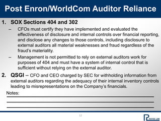12
Notes:
Post Enron/WorldCom Auditor Reliance
1. SOX Sections 404 and 302
– CFOs must certify they have implemented and e...
