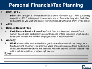 18
Notes:
Personal Financial/Tax Planning
1. ROTH IRAs
– Peter Thiel - Bought 1.7 million shares as CEO of PayPal in 2001....
