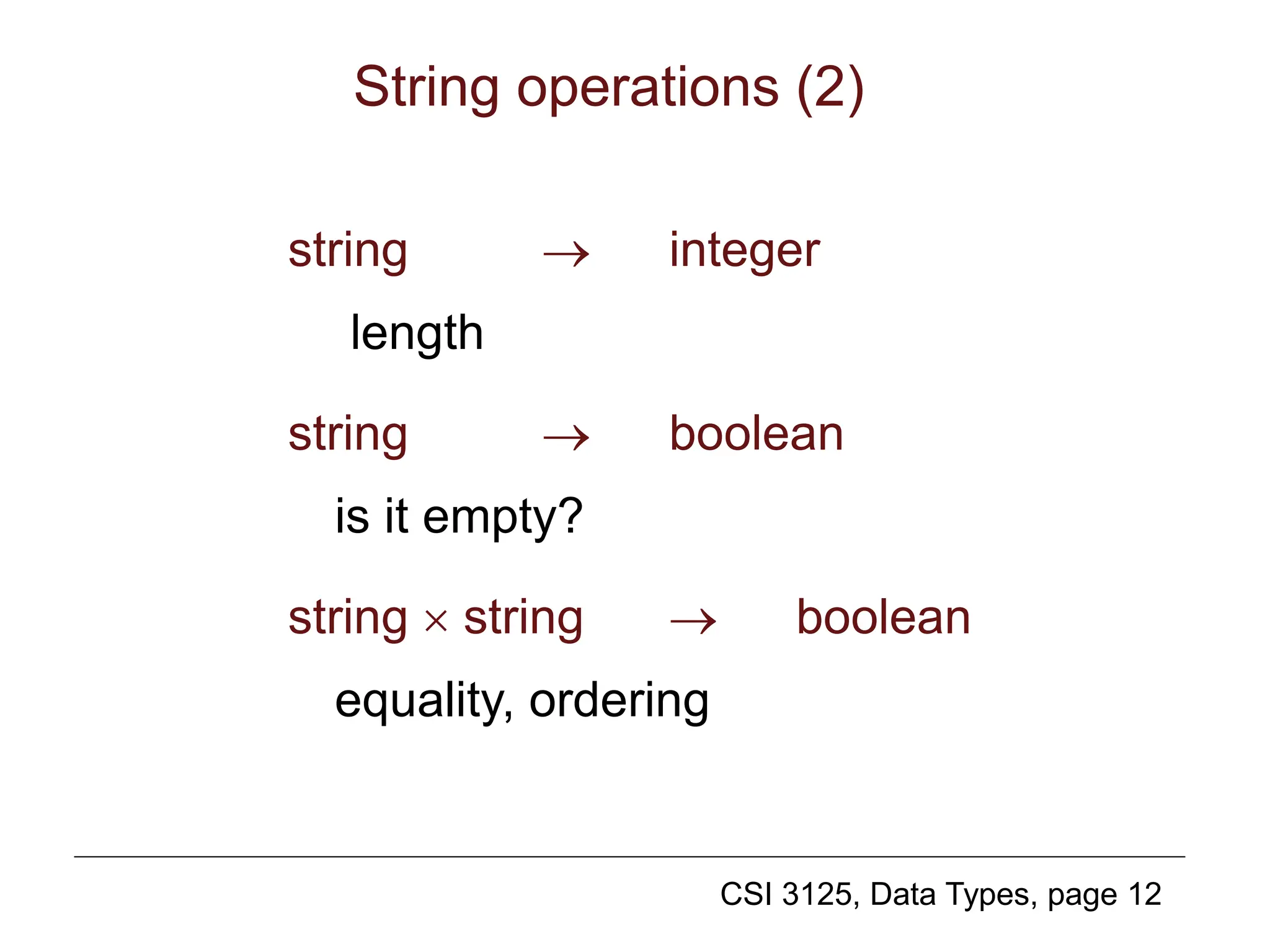 CSI 3125, Data Types, page 12
String operations (2)
string  integer
length
string  boolean
is it empty?
string  string  boolean
equality, ordering
 