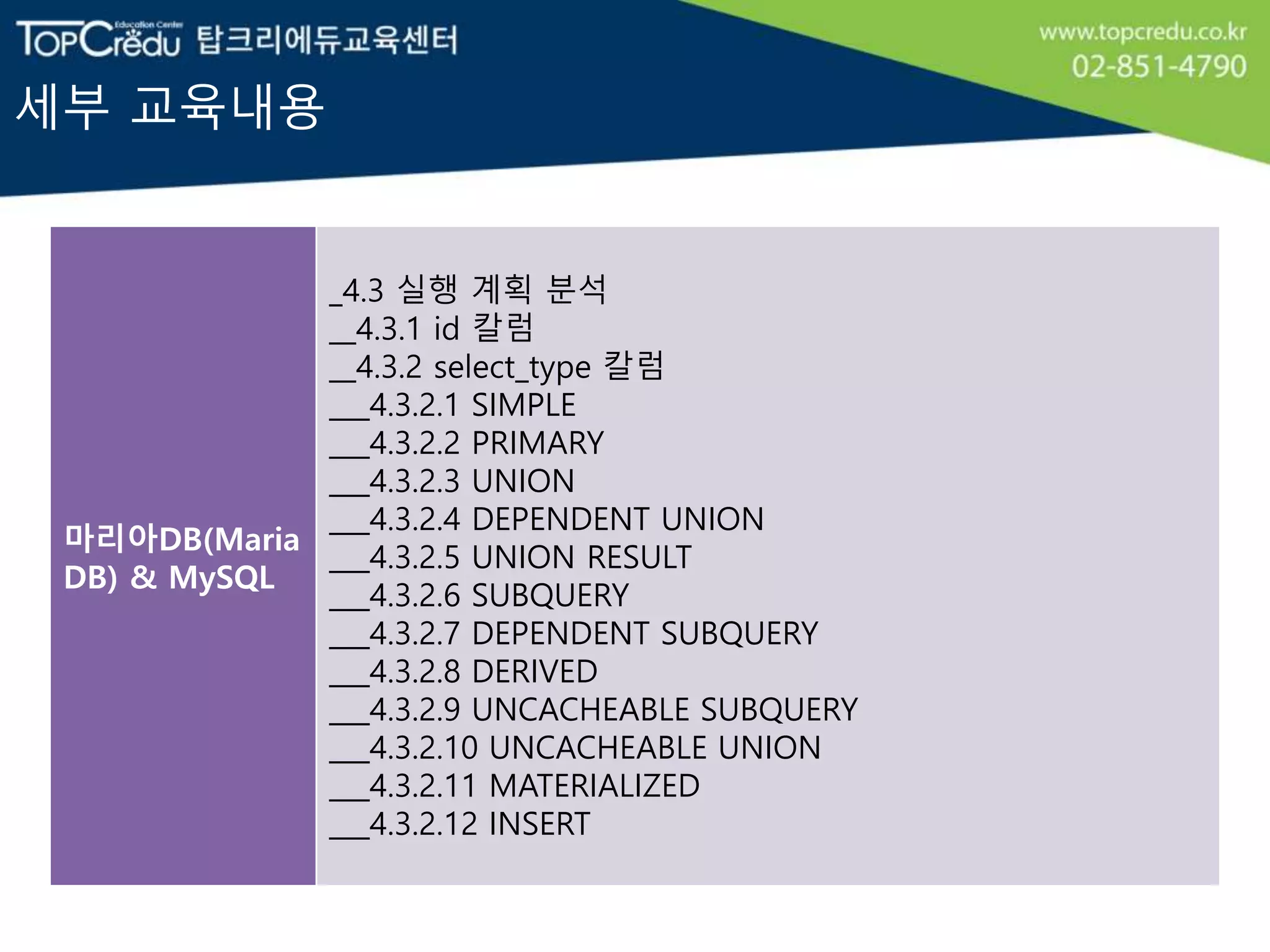 세부 교육내용
마리아DB(Maria
DB) & MySQL
_4.3 실행 계획 분석
__4.3.1 id 칼럼
__4.3.2 select_type 칼럼
___4.3.2.1 SIMPLE
___4.3.2.2 PRIMARY
___4.3.2.3 UNION
___4.3.2.4 DEPENDENT UNION
___4.3.2.5 UNION RESULT
___4.3.2.6 SUBQUERY
___4.3.2.7 DEPENDENT SUBQUERY
___4.3.2.8 DERIVED
___4.3.2.9 UNCACHEABLE SUBQUERY
___4.3.2.10 UNCACHEABLE UNION
___4.3.2.11 MATERIALIZED
___4.3.2.12 INSERT
 