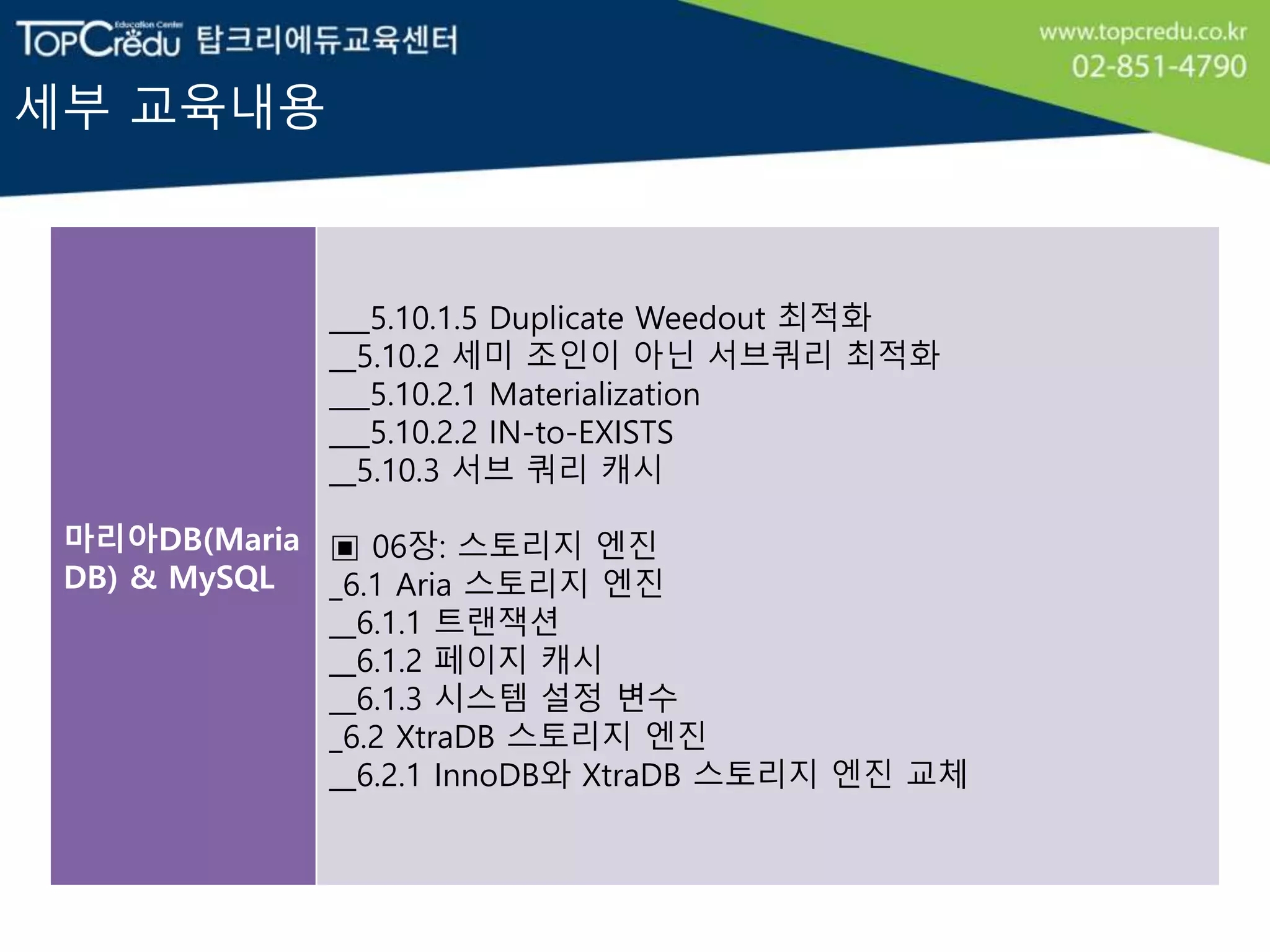 세부 교육내용
마리아DB(Maria
DB) & MySQL
___5.10.1.5 Duplicate Weedout 최적화
__5.10.2 세미 조인이 아닌 서브쿼리 최적화
___5.10.2.1 Materialization
___5.10.2.2 IN-to-EXISTS
__5.10.3 서브 쿼리 캐시
▣ 06장: 스토리지 엔진
_6.1 Aria 스토리지 엔진
__6.1.1 트랜잭션
__6.1.2 페이지 캐시
__6.1.3 시스템 설정 변수
_6.2 XtraDB 스토리지 엔진
__6.2.1 InnoDB와 XtraDB 스토리지 엔진 교체
 
