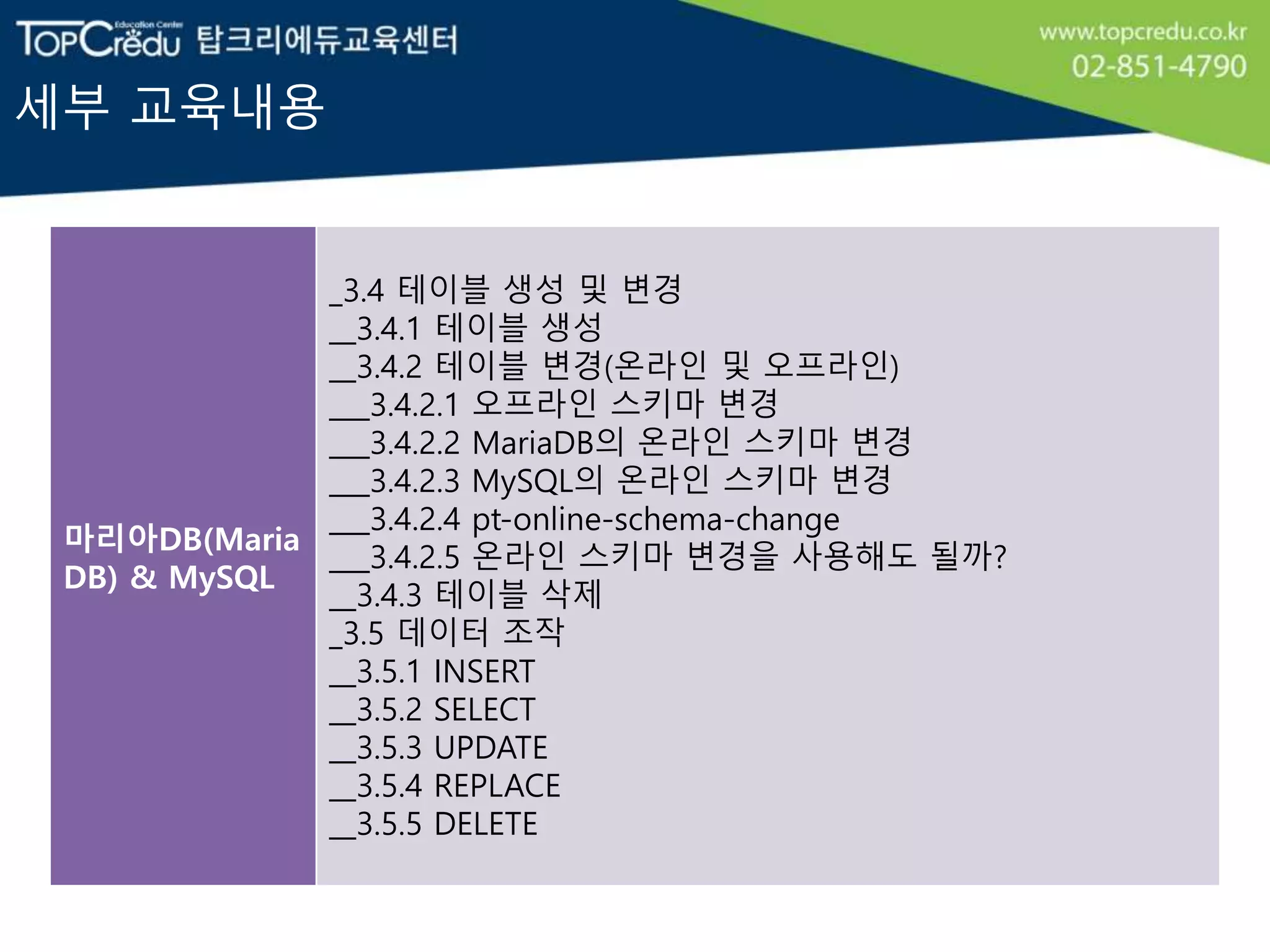 세부 교육내용
마리아DB(Maria
DB) & MySQL
_3.4 테이블 생성 및 변경
__3.4.1 테이블 생성
__3.4.2 테이블 변경(온라인 및 오프라인)
___3.4.2.1 오프라인 스키마 변경
___3.4.2.2 MariaDB의 온라인 스키마 변경
___3.4.2.3 MySQL의 온라인 스키마 변경
___3.4.2.4 pt-online-schema-change
___3.4.2.5 온라인 스키마 변경을 사용해도 될까?
__3.4.3 테이블 삭제
_3.5 데이터 조작
__3.5.1 INSERT
__3.5.2 SELECT
__3.5.3 UPDATE
__3.5.4 REPLACE
__3.5.5 DELETE
 