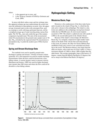 Figure 4. 	 Estimated initial and decay-corrected tritium concentration of precipitation in Cape
Verde, 1950-2005.
0
20
40
60
80
100
120
140
160
180
1950 1955 1960 1965 1970 1975 1980 1985 1990 1995 2000 2005
TRITIUMCONCENTRATION,INTRITIUMUNITS
Decay-corrected tritium
concentration in precipitation
Initial tritium concentration
in precipitation
Modified from Barmen and others (1990)
where:
	 t 	 is the apparent age in years, and
	 λ 	 is the 3
H decay constant of 0.0563/yr (Solomon and
Cook, 2000).
In areas with thick vadose zones and low recharge rates,
this apparent recharge age may underestimate the actual time
since the infiltration of precipitation occurred. Also, the appar-
ent age of ground water at sites with convergent flow, such
as at springs or wells with large perforated intervals, will be
a weighted average age of water traveling along various flow
paths. The 3
H/ 3
Hetrit
ratio only yields the age of the modern
component of ground water. The ratio of the reconstructed
initial 3
H concentration in the ground-water sample (sum of 3
H
plus 3
Hetrit
) divided by the expected initial 3
H concentration in
precipitation (fig. 4) yields the modern (post-1950s) fraction
of water.
Spring and Stream Discharge Data
Two methods were used to quantify ground-water
discharge to springs and streams. A bucket of known volume
(generally 10 L) and stopwatch was used for smaller discharge
measurements where the flow could be diverted into a free-
falling column. A current (pygmy) meter to measure velocity
(Buchanon and Somers, 1969) was used for higher discharge
rates (greater than 300 L/min) and where the flow could not be
diverted to a free-falling column.
Hydrogeologic Setting
Mosteiros Basin, Fogo
Mosteiros is the southernmost of the three study basins
and is located on the island of Fogo (fig. 1), which has the
only active volcano in the archipelago. The island is a rela-
tively new addition to the archipelago, having been formed
within the last 500,000 years. Its most recent eruption
occurred in 1995. The island is a spherical cone with a peak at
2,900 m, the second tallest point in the Atlantic Ocean.
Because of the island’s conical shape, the Mosteiros
Basin (fig. 5) is uniquely composed of eight smaller water-
sheds on the flank of the volcano that each drain directly
to the ocean. In contrast, the other two basins (Ribeira Paul
and Ribeira Fajã) only consist of one watershed each drain-
ing to the ocean. The Mosteiros Basin is also larger than the
other two basins, with a total area of 42 km2
(table 1). It has a
maximum altitude of 2,400 m, about 1,000 m higher than the
other basins. The average topographic slope of the basin is 27
degrees, steeper than the Ribeira Fajã Basin (23 degrees) but
not as steep as the Ribeira Paul Basin (38 degrees).
Hydrogeologic Setting   
 