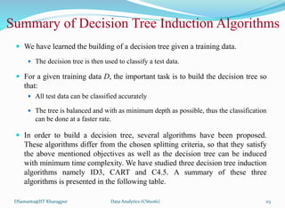 Summary of Decision Tree Induction Algorithms
 We have learned the building of a decision tree given a training data.
 The decision tree is then used to classify a test data.
 For a given training data D, the important task is to build the decision tree so
that:
 All test data can be classified accurately
 The tree is balanced and with as minimum depth as possible, thus the classification
can be done at a faster rate.
 In order to build a decision tree, several algorithms have been proposed.
These algorithms differ from the chosen splitting criteria, so that they satisfy
the above mentioned objectives as well as the decision tree can be induced
with minimum time complexity. We have studied three decision tree induction
algorithms namely ID3, CART and C4.5. A summary of these three
algorithms is presented in the following table.
DSamanta@IIT Kharagpur Data Analytics (CS61061) 113
 