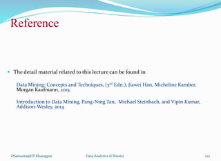 Reference
DSamanta@IIT Kharagpur
 The detail material related to this lecture can be found in
Data Mining: Concepts and Techniques, (3rd Edn.), Jiawei Han, Micheline Kamber,
Morgan Kaufmann, 2015.
Introduction to Data Mining, Pang-Ning Tan, Michael Steinbach, and Vipin Kumar,
Addison-Wesley, 2014
Data Analytics (CS61061) 120
 