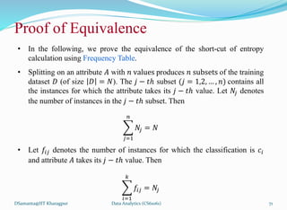 DSamanta@IIT Kharagpur
Proof of Equivalence
• In the following, we prove the equivalence of the short-cut of entropy
calculation using Frequency Table.
• Splitting on an attribute 𝐴 with 𝑛 values produces 𝑛 subsets of the training
dataset 𝐷 (of size 𝐷 = 𝑁). The 𝑗 − 𝑡ℎ subset (𝑗 = 1,2, … , 𝑛) contains all
the instances for which the attribute takes its 𝑗 − 𝑡ℎ value. Let 𝑁𝑗 denotes
the number of instances in the 𝑗 − 𝑡ℎ subset. Then
𝑗=1
𝑛
𝑁𝑗 = 𝑁
• Let 𝑓𝑖𝑗 denotes the number of instances for which the classification is 𝑐𝑖
and attribute 𝐴 takes its 𝑗 − 𝑡ℎ value. Then
𝑖=1
𝑘
𝑓𝑖𝑗 = 𝑁𝑗
Data Analytics (CS61061) 71
 