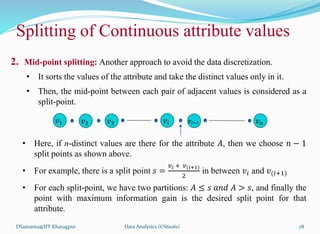 DSamanta@IIT Kharagpur
Splitting of Continuous attribute values
2. Mid-point splitting: Another approach to avoid the data discretization.
• It sorts the values of the attribute and take the distinct values only in it.
• Then, the mid-point between each pair of adjacent values is considered as a
split-point.
• Here, if n-distinct values are there for the attribute 𝐴, then we choose 𝑛 − 1
split points as shown above.
• For example, there is a split point 𝑠 =
𝑣𝑖 + 𝑣(𝑖+1)
2
in between 𝑣𝑖 and 𝑣(𝑖+1)
• For each split-point, we have two partitions: 𝐴 ≤ 𝑠 𝑎𝑛𝑑 𝐴 > 𝑠, and finally the
point with maximum information gain is the desired split point for that
attribute.
𝑣1 𝑣2 𝑣3 𝑣𝑖 𝑣𝑖+1 𝑣𝑛
Data Analytics (CS61061) 78
 