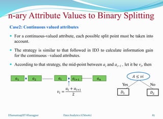 Case2: Continuous valued attributes
 For a continuous-valued attribute, each possible split point must be taken into
account.
 The strategy is similar to that followed in ID3 to calculate information gain
for the continuous –valued attributes.
 According to that strategy, the mid-point between ai and ai+1 , let it be vi, then
DSamanta@IIT Kharagpur
n-ary Attribute Values to Binary Splitting
𝐴 ≤ 𝑣𝑖
Yes No
𝐷1 𝐷2
𝑎1 𝑎2 𝑎𝑖+1 𝑎𝑛
𝑣𝑖 =
𝑎𝑖 + 𝑎𝑖+1
2
𝑎𝑖
Data Analytics (CS61061) 87
 