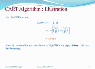 For the EMP data set,
𝐺 𝐸𝑀𝑃 = 1 −
𝑖=1
2
𝑝𝑖
2
= 1 −
9
14
2
+
5
14
2
= 𝟎. 𝟒𝟓𝟗𝟐
Now let us consider the calculation of 𝐺𝐴 𝐸𝑀𝑃 for Age, Salary, Job and
Performance.
DSamanta@IIT Kharagpur
CART Algorithm : Illustration
Data Analytics (CS61061) 90
 