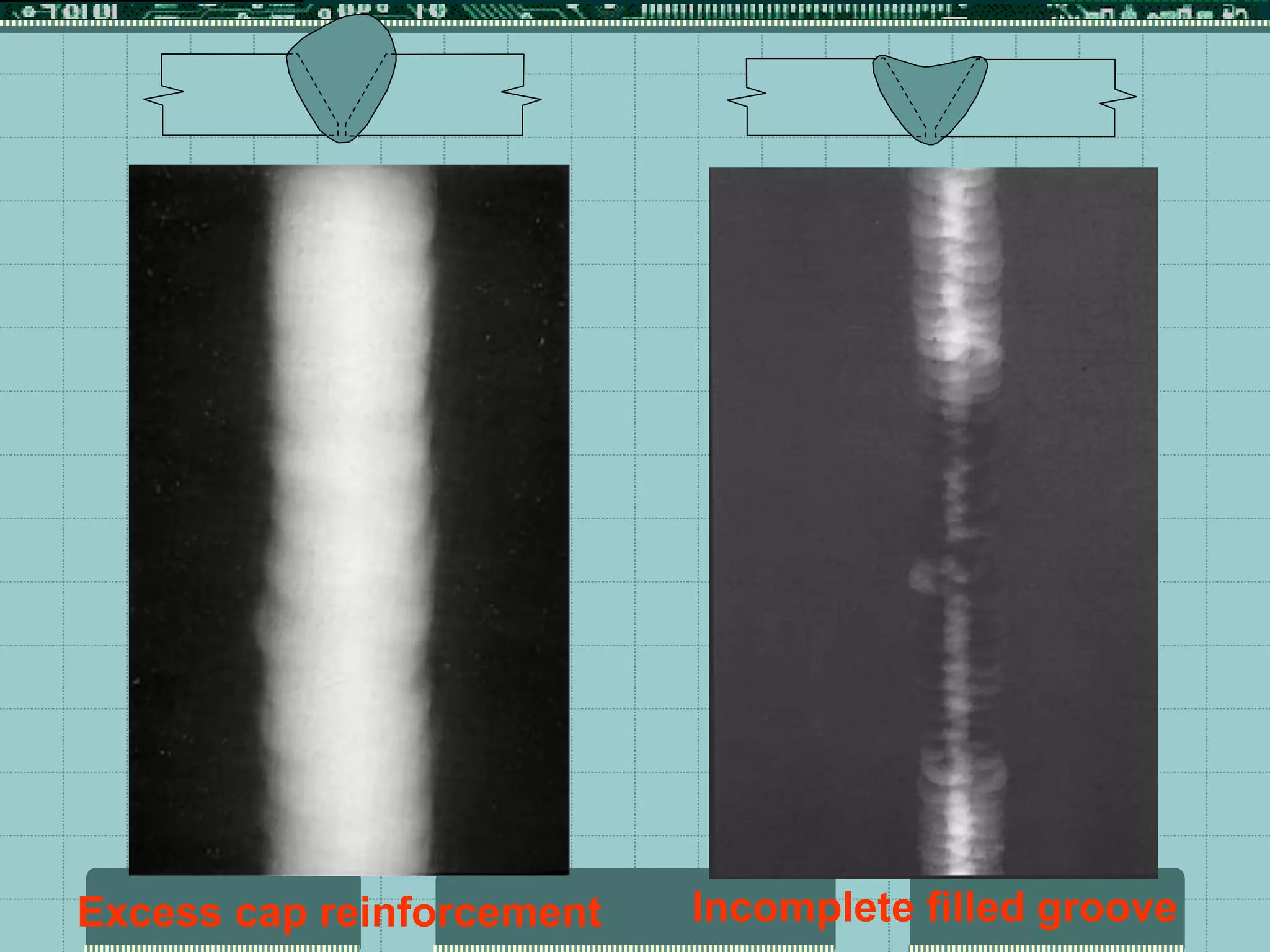 Incomplete filled groove
Excess cap reinforcement
 