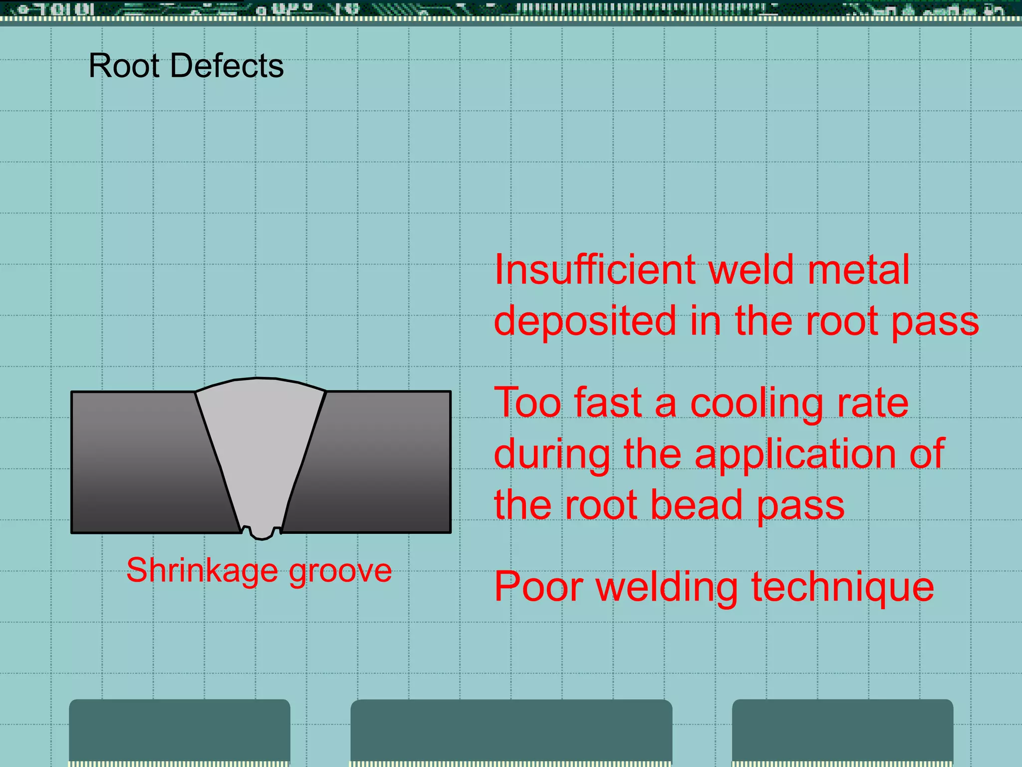 Shrinkage groove
Root Defects
Insufficient weld metal
deposited in the root pass
Too fast a cooling rate
during the application of
the root bead pass
Poor welding technique
 