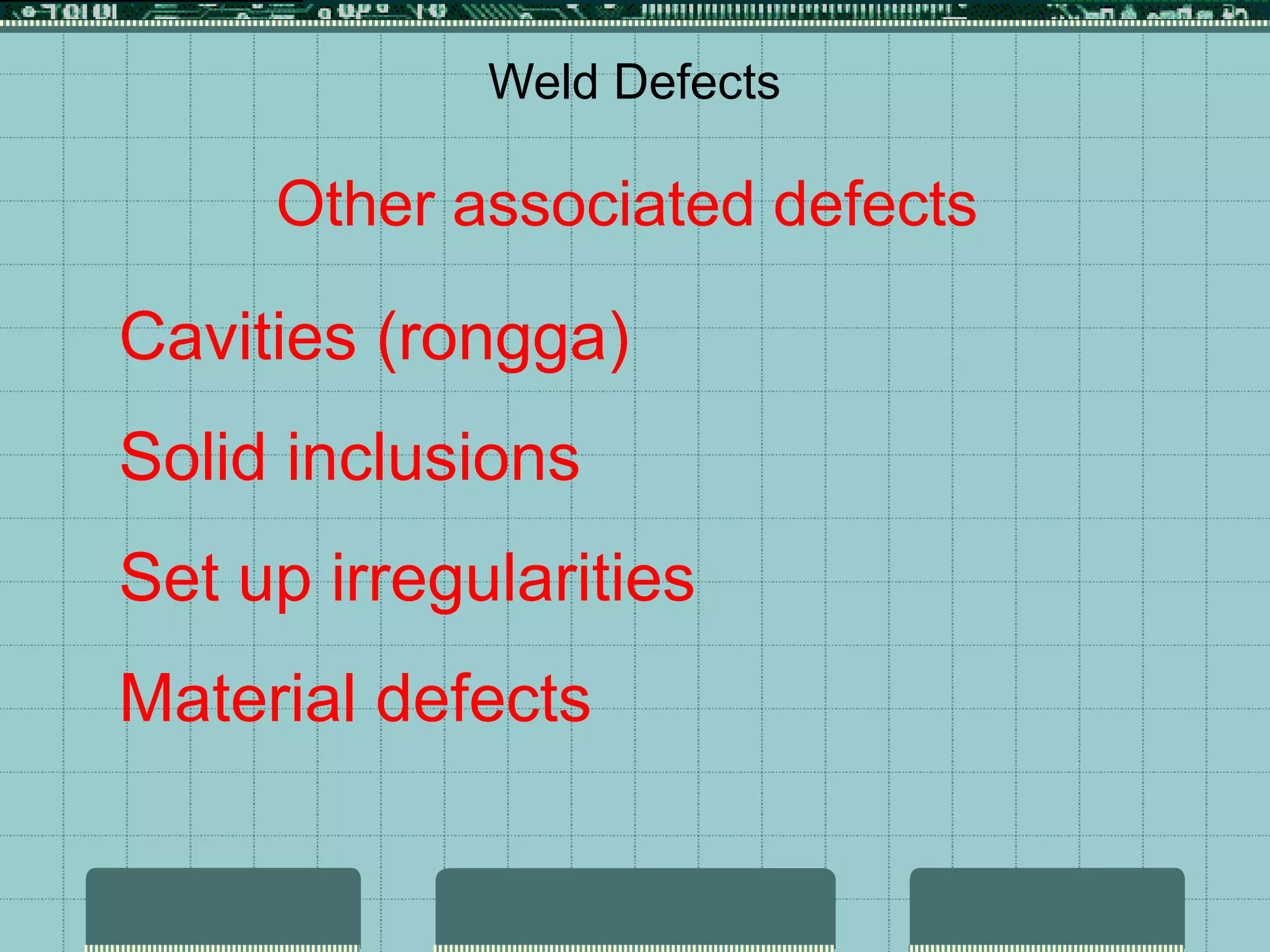 Weld Defects
Other associated defects
Cavities (rongga)
Solid inclusions
Set up irregularities
Material defects
 
