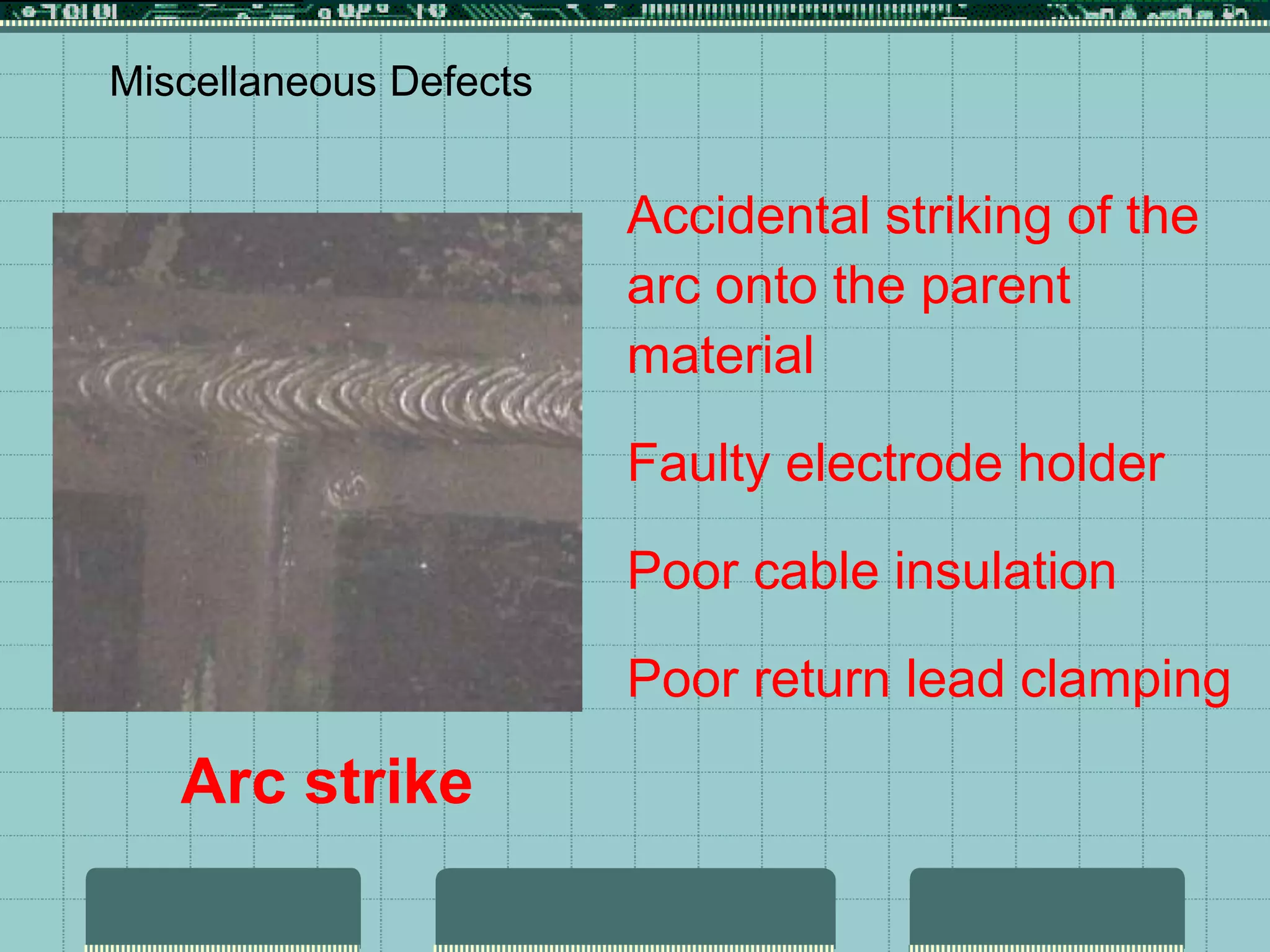 Miscellaneous Defects
Arc strike
Accidental striking of the
arc onto the parent
material
Faulty electrode holder
Poor cable insulation
Poor return lead clamping
 