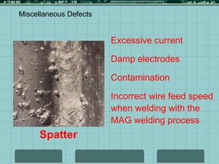 Spatter
Excessive current
Damp electrodes
Contamination
Incorrect wire feed speed
when welding with the
MAG welding process
Miscellaneous Defects
 
