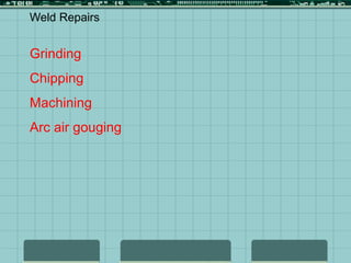 Grinding
Chipping
Machining
Arc air gouging
Weld Repairs
 