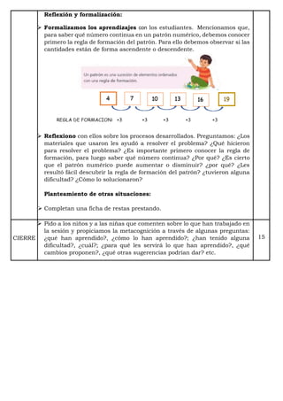 Reflexión y formalización:
 Formalizamos los aprendizajes con los estudiantes. Mencionamos que,
para saber qué número continua en un patrón numérico, debemos conocer
primero la regla de formación del patrón. Para ello debemos observar si las
cantidades están de forma ascendente o descendente.
 Reflexiono con ellos sobre los procesos desarrollados. Preguntamos: ¿Los
materiales que usaron les ayudó a resolver el problema? ¿Qué hicieron
para resolver el problema? ¿Es importante primero conocer la regla de
formación, para luego saber qué número continua? ¿Por qué? ¿Es cierto
que el patrón numérico puede aumentar o disminuir? ¿por qué? ¿Les
resultó fácil descubrir la regla de formación del patrón? ¿tuvieron alguna
dificultad? ¿Cómo lo solucionaron?
Planteamiento de otras situaciones:
 Completan una ficha de restas prestando.
CIERRE
 Pido a los niños y a las niñas que comenten sobre lo que han trabajado en
la sesión y propiciamos la metacognición a través de algunas preguntas:
¿qué han aprendido?, ¿cómo lo han aprendido?; ¿han tenido alguna
dificultad?, ¿cuál?; ¿para qué les servirá lo que han aprendido?, ¿qué
cambios proponen?, ¿qué otras sugerencias podrían dar? etc.
15
 