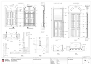 220892232224
915
412
WINDOW (W1) WINDOW (W15-20) WINDOW (W6)
SECTION E
F
F
SECTION F
E
ELEVATION (IN) ELEVATION (OUT)
PLAN
PLAN PLAN
ELEVATION (IN) ELEVATION (IN)
TIMBER LOUVRED
AIR VENT
TIMBER FRAME
TIMBER
LOUVRED SHUTTERS
IRON BAR
TIMBER PANEL
LOCK RAIL
STILE
TIMBER
LOUVRED
SHUTTERS
TIMBER
SAFETY BARS
445
932
825
70
131
BOTTOM
RAIL
MOULDING
DETAIL 1 DETAIL 2
IN
OUT
IN
OUT
820
OUT
IN
S
35165
45
BOLT
IN OUT
IN OUT
TIMBER SAFETY BARS
IRON
BAR
SCALE 1:2
IRON BAR
SCALE 1:2 SCALE 1:2
SCALE 1:10 SCALE 1:10
SCALE 1:10 SCALE 1:10SCALE 1:10
SCALE 1:10
SCALE 1:10SCALE 1:10
SCALE 1:10
NOTE: ALL DIMENSIONS ARE IN MILLIMETERS (MM)
1140
(50 x 10)
(100 x 80)
LOCK RAIL
IRON BAR
TILT CONTROL
ARM
BOTTOM RAIL
(20 DIA.)
(30 X 80)
(40 X 80)
(30 X 60)
HEADER
STILE
TOP RAIL
BOTTOM RAIL
TIMBER
PANEL
(70 X 30)
E
(30 X 70)
(17 DIA.)
(40 X 80)
(40 X 80)
(80 X 40)
(40 X 80)
(STEEL BARREL BOLT)
1110
E
(15 THK.)
E
(10 THK.)
(17 DIA.)
(17 DIA.)
(40 SQ.)
(40 SQ.)
(20 DIA.)
IRON BAR
(30 DIA.)
BRICK WALL
TIMBER
WINDOW FRAME
TIMBER ARCH
TRANSOM
(105 X 75)
(135 X 90)
(135 X 90)
(40 X 80)
139
135
TIMBER
FRAME
TOP RAIL
SILL
SILL
TILT CONTROL ARM
PROJECT TITLE
09
16
DRAWING TITLE
07.03.16
DRAWN BY
SCALE
SHEET NO.
DATE
CHECKED BY
1827/WD/09
ST;AC;ED
DRAWING NO.
ST;AC;ED
28.01.16
MEASURED BY
STARTING DATE
WINDOWS DETAILS
1:2; 1:10
MEASURED DRAWINGS
NJ
NO.44, KING STREET,
10200 GEORGE TOWN,
PENANG, MALAYSIA.
DETAIL 1
DETAIL 2
(15 X 12)
TIMBER
PANEL
(15 THK.)
FACE
PLATE
TIMBER PANEL
STILE
MOULDING
S/S BUTT HINGE
(15 THK.)
24430231580
14095162080
(93 X 131)
105 900 105
105 105900
(80 X 132)
IRON BAR
TIMBER FRAME
(15 X 12)
(35 X 78)
(93 X 131)
(16 X 17)
10054079152079
77 820 77
(110 X 98)
(135 X 139)
110 920 110
1104608013307575080
S
BRICK WALL
BRICK WALL
STEEL
BARREL BOLT
SILL
(35 X 80)
TIMBER FRAME
(96 X 86)
BRICK WALL
TRANSOM
(70 X 67)
SILL
HEADER
BRICK WALL
TIMBER ARCH
(131 X 95)
TOP PLATE
(40 X 85)
 