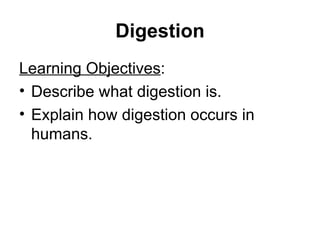 Digestion Learning Objectives : Describe what digestion is. Explain how digestion occurs in humans. 