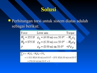  Perhitungan torsi untuk sistem diatas adalahPerhitungan torsi untuk sistem diatas adalah
sebagai berikut:sebagai berikut:
SolusiSolusi
 