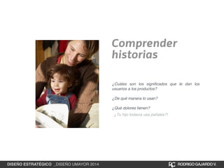 Comprender 
historias 
¿Cuáles son los significados que le dan los 
usuarios a los productos?! 
! 
¿De qué manera lo usan?! 
! 
¿Qué dolores tienen? 
¿Tu hijo todavía usa pañales?! 
DISEÑO ESTRATÉGICO _DISEÑO UMAYOR 2014 RODRIGO GAJARDO V. 
 