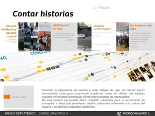 Contar historias EL TESORO 
Vivenciar la experiencia del usuario y crear “mapas de viaje del cliente” fueron 
herramientas clave para comprender problemas reales del cliente, que estaban 
alejados del contexto tecnológico donde eran buscadas las necesidades. ! 
De esta manera fue posible definir “insights” relevantes para la construcción de 
conceptos e ideas que permitieran diseñar soluciones coherentes a la cultura del 
usuario y los distintos arquetipos existentes. 
DISEÑO ESTRATÉGICO _DISEÑO UMAYOR 2014 RODRIGO GAJARDO V. 
 