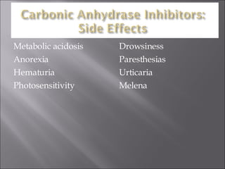 Metabolic acidosis Drowsiness Anorexia Paresthesias Hematuria Urticaria Photosensitivity Melena 