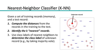 Nearest-Neighbor Classifier (K-NN)
Given a set of training records (memory),
and a test record:
1. Compute the distances from the
records in the training to the test.
2. Identify the k “nearest” records.
3. Use class labels of nearest neighbors to
determine the class label of unknown
record (e.g., by taking majority vote).
 