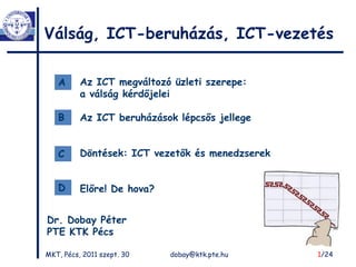 Válság, ICT-beruházás, ICT-vezetés

   A      Az ICT megváltozó üzleti szerepe:
          a válság kérdőjelei

   B      Az ICT beruházások lépcsős jellege


   C      Döntések: ICT vezetők és menedzserek


   D      Előre! De hova?


Dr. Dobay Péter
PTE KTK Pécs

MKT, Pécs, 2011 szept. 30   dobay@ktk.pte.hu     1/24
 