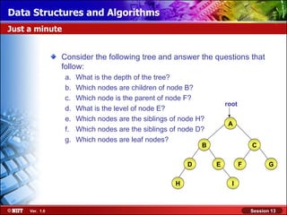 Data Structures and Algorithms
Just a minute


                Consider the following tree and answer the questions that
                follow:
                 a.   What is the depth of the tree?
                 b.   Which nodes are children of node B?
                 c.   Which node is the parent of node F?
                                                                    root
                 d.   What is the level of node E?
                 e.   Which nodes are the siblings of node H?
                                                                     A
                 f.   Which nodes are the siblings of node D?
                 g.   Which nodes are leaf nodes?
                                                            B                  C


                                                        D       E          F          G


                                                    H                 I



     Ver. 1.0                                                                  Session 13
 