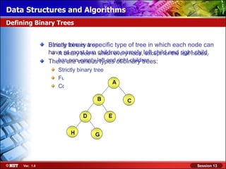 Data Structures and Algorithms
Defining Binary Trees


                Binary binary tree:
                Strictly tree is a specific type of tree in which each node can
                have binary tree in children namely left child and right child.
                    A at most two which every node, except for the leaf nodes,
                There are variousleft and of binary trees:
                    has non-empty types right children.
                   Strictly binary tree
                   Full binary tree
                   Complete binary tree




     Ver. 1.0                                                           Session 13
 
