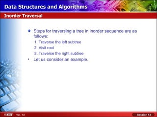 Data Structures and Algorithms
Inorder Traversal


                    Steps for traversing a tree in inorder sequence are as
                    follows:
                    1. Traverse the left subtree
                    2. Visit root
                    3. Traverse the right subtree
                •   Let us consider an example.




     Ver. 1.0                                                                Session 13
 