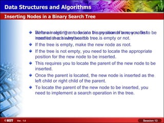 Data Structures and Algorithms
Inserting Nodes in a Binary Search Tree


                Write an algorithmnode in a the position of tree, you firstto be
                Before inserting a to locate binary search a new node
                inserted check whether the tree.is empty or not.
                need to in a binary search tree
                If the tree is empty, make the new node as root.
                If the tree is not empty, you need to locate the appropriate
                position for the new node to be inserted.
                This requires you to locate the parent of the new node to be
                inserted.
                Once the parent is located, the new node is inserted as the
                left child or right child of the parent.
                To locate the parent of the new node to be inserted, you
                need to implement a search operation in the tree.




     Ver. 1.0                                                           Session 13
 