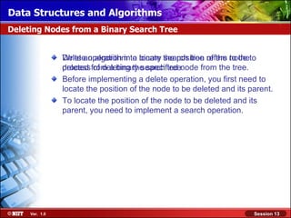 Data Structures and Algorithms
Deleting Nodes from a Binary Search Tree


                Write an algorithm to locate the position refers node to
                Delete operation in a binary search tree of the to the
                process of deleting the specified node from the tree.
                deleted from a binary search tree.
                Before implementing a delete operation, you first need to
                locate the position of the node to be deleted and its parent.
                To locate the position of the node to be deleted and its
                parent, you need to implement a search operation.




     Ver. 1.0                                                          Session 13
 