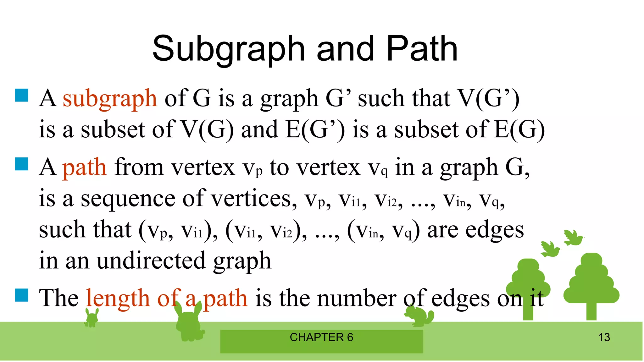 CHAPTER 6 13
 A subgraph of G is a graph G’ such that V(G’)
is a subset of V(G) and E(G’) is a subset of E(G)
 A path from vertex vp to vertex vq in a graph G,
is a sequence of vertices, vp, vi1, vi2, ..., vin, vq,
such that (vp, vi1), (vi1, vi2), ..., (vin, vq) are edges
in an undirected graph
 The length of a path is the number of edges on it
Subgraph and Path
 