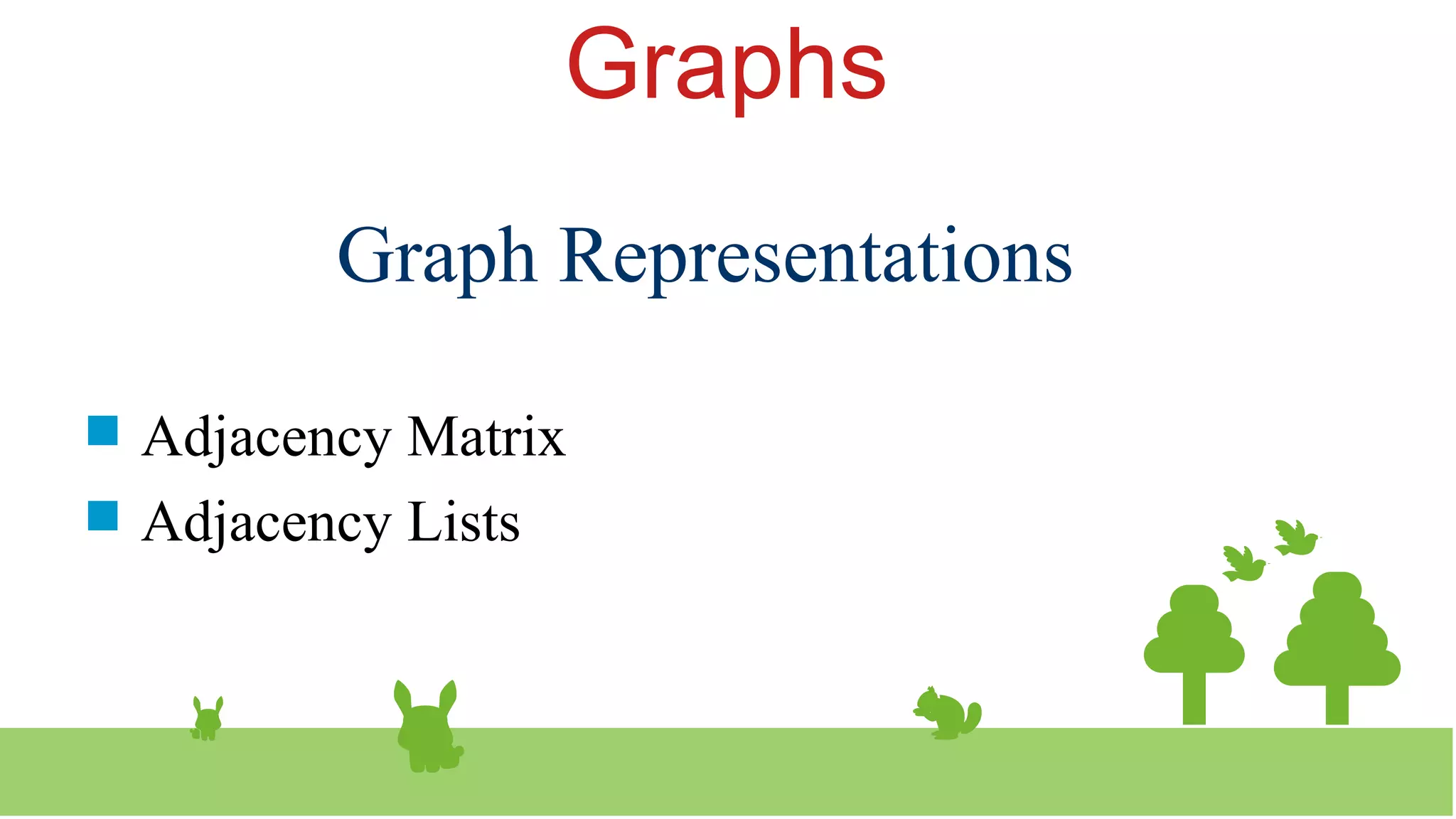 Graphs
 Adjacency Matrix
 Adjacency Lists
Graph Representations
 
