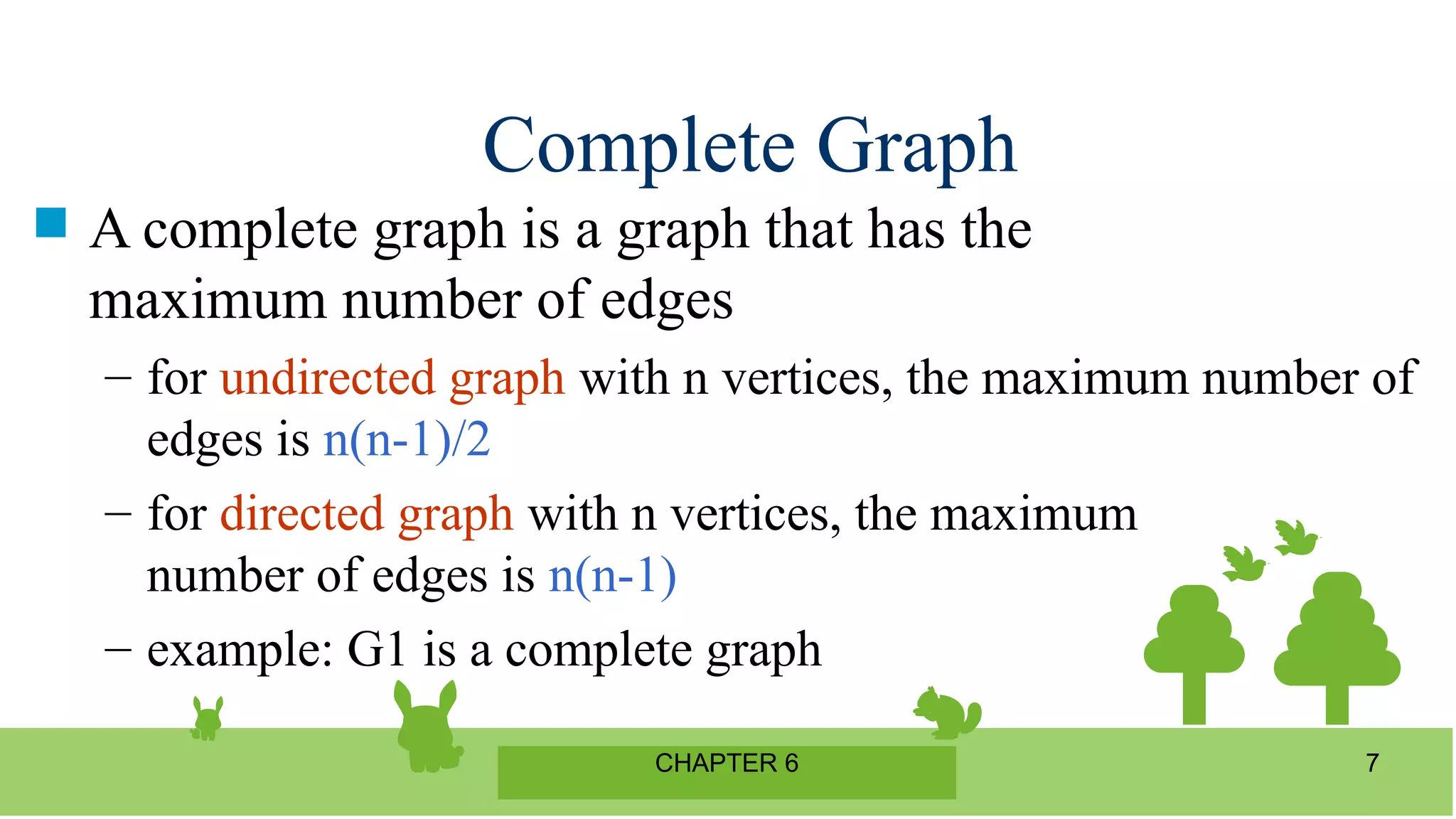 CHAPTER 6 7
Complete Graph
 A complete graph is a graph that has the
maximum number of edges
– for undirected graph with n vertices, the maximum number of
edges is n(n-1)/2
– for directed graph with n vertices, the maximum
number of edges is n(n-1)
– example: G1 is a complete graph
 