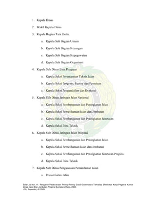 Ester Juli Asi. H : Pengaruh Pelaksanaan Prinsip-Prinsip Good Governance Terhadap Efektivitas Kerja Pegawai Kantor
Dinas Jalan Dan Jembatan Propinsi Sumatera Utara, 2009.
USU Repository © 2009
1. Kepala Dinas
2. Wakil Kepala Dinas
3. Kepala Bagian Tata Usaha
a. Kepala Sub Bagian Umum
b. Kepala Sub Bagian Keuangan
c. Kepala Sub Bagian Kepegawaian
d. Kepala Sub Bagian Organisasi
4. Kepala Sub Dinas Bina Program
a. Kepala Seksi Perencanaan Teknis Jalan
b. Kepala Seksi Program, Survey dan Pemetaan
c. Kepala Seksi Pengendalian dan Evaluasi
5. Kepala Sub Dinas Jaringan Jalan Nasional
a. Kepala Seksi Pembangunan dan Peningkatan Jalan
b. Kepala Seksi Pemeliharaan Jalan dan Jembatan
c. Kepala Seksi Pembangunan dan Peningkatan Jembatan
d. Kepala Seksi Bina Teknik
6. Kepala Sub Dinas Jaringan Jalan Propinsi
a. Kepala Seksi Pembangunan dan Peningkatan Jalan
b. Kepala Seksi Pemeliharaan Jalan dan Jembatan
c. Kepala Seksi Pembangunan dan Peningkatan Jembatan Propinsi
d. Kepala Seksi Bina Teknik
7. Kepala Sub Dinas Pengawasan Pemanfaatan Jalan
a. Pemanfaatan Jalan
 