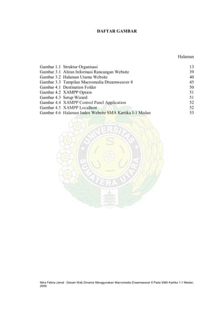 Nitra Febria Jamal : Desain Web Dinamis Menggunakan Macromedia Dreamweaver 8 Pada SMA Kartika 1-1 Medan,
2009.
DAFTAR GAMBAR
Halaman
Gambar 1.1 Struktur Organisasi 13
Gambar 3.1 Aliran Informasi Rancangan Website 39
Gambar 3.2 Halaman Utama Website 40
Gambar 3.3 Tampilan Macromedia Dreamweaver 8 45
Gambar 4.1 Destination Folder 50
Gambar 4.2 XAMPP Option 51
Gambar 4.3 Setup Wizard 51
Gambar 4.4 XAMPP Control Panel Application 52
Gambar 4.5 XAMPP Localhost 52
Gambar 4.6 Halaman Index Website SMA Kartika I-1 Medan 53
 