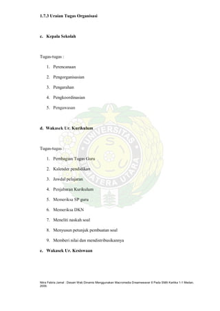 Nitra Febria Jamal : Desain Web Dinamis Menggunakan Macromedia Dreamweaver 8 Pada SMA Kartika 1-1 Medan,
2009.
1.7.3 Uraian Tugas Organisasi
c. Kepala Sekolah
Tugas-tugas :
1. Perencanaan
2. Pengorganisasian
3. Pengarahan
4. Pengkoordinasian
5. Pengawasan
d. Wakasek Ur. Kurikulum
Tugas-tugas :
1. Pembagian Tugas Guru
2. Kalender pendidikan
3. Jawdal pelajaran
4. Penjabaran Kurikulum
5. Memeriksa SP guru
6. Memeriksa DKN
7. Meneliti naskah soal
8. Menyusun petunjuk pembuatan soal
9. Memberi nilai dan mendistribusikannya
e. Wakasek Ur. Kesiswaan
 