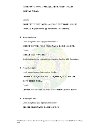 Nitra Febria Jamal : Desain Web Dinamis Menggunakan Macromedia Dreamweaver 8 Pada SMA Kartika 1-1 Medan,
2009.
INSERT INTO NAMA_TABLE (DAFTAR_FIELD) VALUES
(DAFTAR_NILAI);
Contoh:
INSERT INTO TEST (NAMA, ALAMAT, PASSWORD) VALUES
('nitra', 'jl. Kapten muslim gg. Pertama no. 74', '201285');
3. Mengambil data
Untuk mengambil data dipergunakan sintaks :
SELECT DAFTAR_FIELD FROM NAMA_TABLE KONDISI;
Contoh:
SELECT nama FROM TEST;
Kondisi diatas berupa optional (bisa digunakan dan bisa tidak digunakan).
4. Mengubah data
Untuk mengubah data dipergunakan sintaks :
UPDATE NAMA_TABEL SET DATA_FIELD_LAMA WHERE
DATA_FIELD_BARU;
Contoh:
UPDATE mahasiswa SET nama = 'nitra' WHERE nama = 'febria';
5. Menghapus data
Untuk menghapus data dipergunakan sintaks:
DELETE FROM NAMA_TABLE KONDISI
 