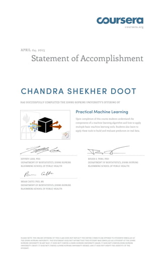 coursera.org
Statement of Accomplishment
APRIL 04, 2015
CHANDRA SHEKHER DOOT
HAS SUCCESSFULLY COMPLETED THE JOHNS HOPKINS UNIVERSITY'S OFFERING OF
Practical Machine Learning
Upon completion of this course students understand the
components of a machine learning algorithm and how to apply
multiple basic machine learning tools. Students also learn to
apply these tools to build and evaluate predictors on real data.
JEFFREY LEEK, PHD
DEPARTMENT OF BIOSTATISTICS, JOHNS HOPKINS
BLOOMBERG SCHOOL OF PUBLIC HEALTH
ROGER D. PENG, PHD
DEPARTMENT OF BIOSTATISTICS, JOHNS HOPKINS
BLOOMBERG SCHOOL OF PUBLIC HEALTH
BRIAN CAFFO, PHD, MS
DEPARTMENT OF BIOSTATISTICS, JOHNS HOPKINS
BLOOMBERG SCHOOL OF PUBLIC HEALTH
PLEASE NOTE: THE ONLINE OFFERING OF THIS CLASS DOES NOT REFLECT THE ENTIRE CURRICULUM OFFERED TO STUDENTS ENROLLED AT
THE JOHNS HOPKINS UNIVERSITY. THIS STATEMENT DOES NOT AFFIRM THAT THIS STUDENT WAS ENROLLED AS A STUDENT AT THE JOHNS
HOPKINS UNIVERSITY IN ANY WAY. IT DOES NOT CONFER A JOHNS HOPKINS UNIVERSITY GRADE; IT DOES NOT CONFER JOHNS HOPKINS
UNIVERSITY CREDIT; IT DOES NOT CONFER A JOHNS HOPKINS UNIVERSITY DEGREE; AND IT DOES NOT VERIFY THE IDENTITY OF THE
STUDENT.
 