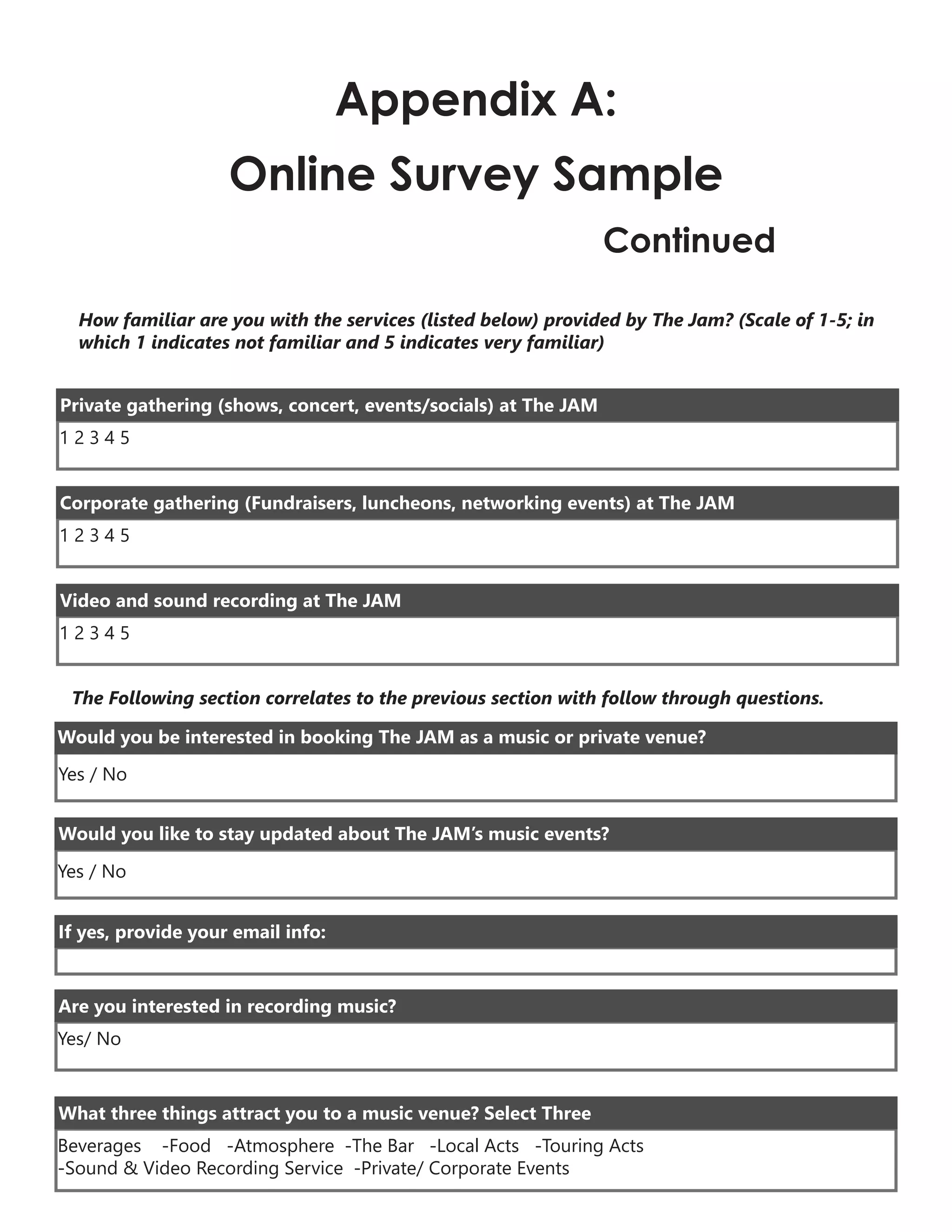 Appendix A:
Online Survey Sample
Continued
How familiar are you with the services (listed below) provided by The Jam? (Scale of 1-5; in
which 1 indicates not familiar and 5 indicates very familiar)
1 2 3 4 5
Private gathering (shows, concert, events/socials) at The JAM
1 2 3 4 5
Corporate gathering (Fundraisers, luncheons, networking events) at The JAM
1 2 3 4 5
Video and sound recording at The JAM
The Following section correlates to the previous section with follow through questions.
Would you be interested in booking The JAM as a music or private venue?
Yes / No
Would you like to stay updated about The JAM’s music events?
Yes / No
If yes, provide your email info:
Yes/ No
Are you interested in recording music?
Beverages -Food -Atmosphere -The Bar -Local Acts -Touring Acts
-Sound & Video Recording Service -Private/ Corporate Events
What three things attract you to a music venue? Select Three
 