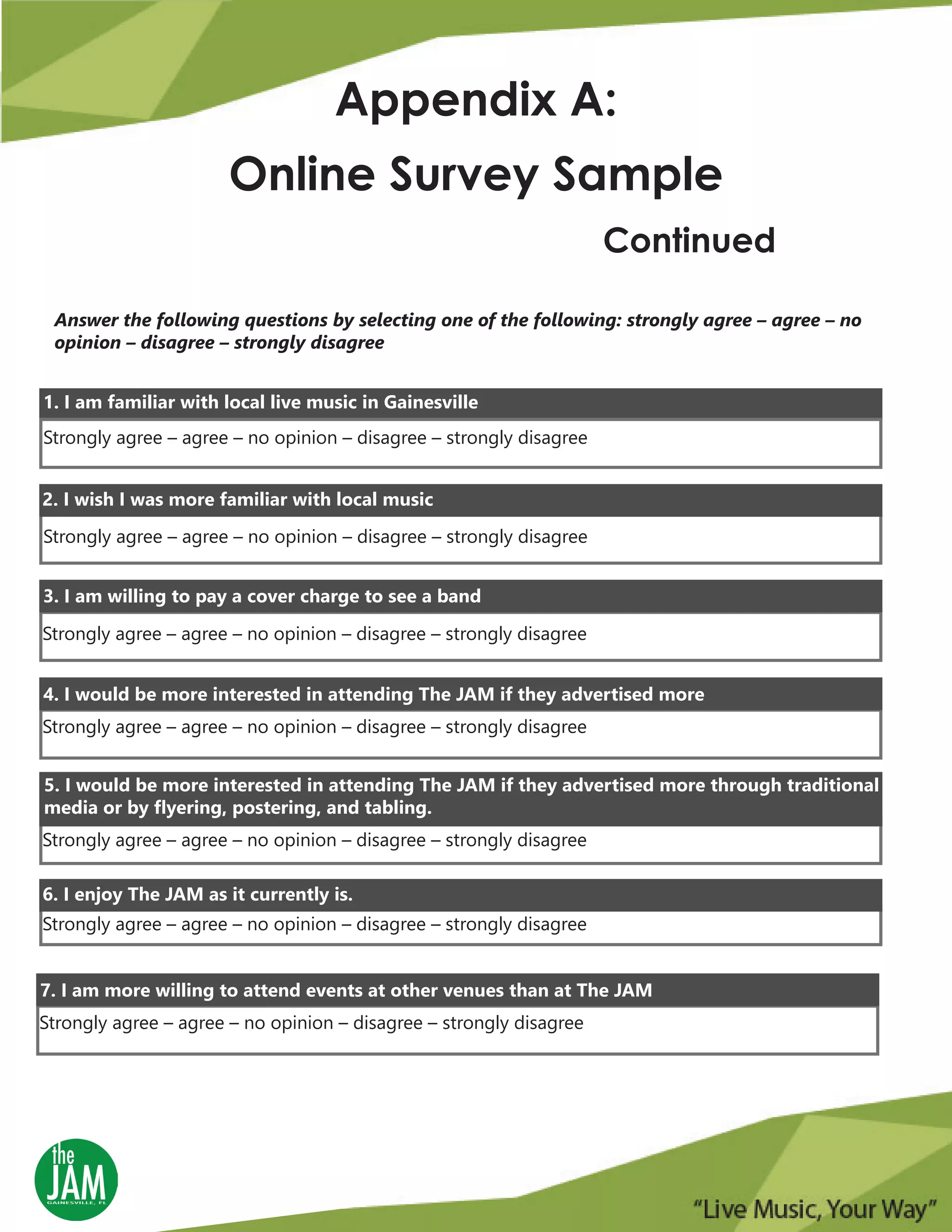 Appendix A:
Online Survey Sample
Continued
Answer the following questions by selecting one of the following: strongly agree – agree – no
opinion – disagree – strongly disagree
Strongly agree – agree – no opinion – disagree – strongly disagree
1. I am familiar with local live music in Gainesville
2. I wish I was more familiar with local music
Strongly agree – agree – no opinion – disagree – strongly disagree
3. I am willing to pay a cover charge to see a band
Strongly agree – agree – no opinion – disagree – strongly disagree
Strongly agree – agree – no opinion – disagree – strongly disagree
4. I would be more interested in attending The JAM if they advertised more
Strongly agree – agree – no opinion – disagree – strongly disagree
5. I would be more interested in attending The JAM if they advertised more through traditional
media or by flyering, postering, and tabling.
Strongly agree – agree – no opinion – disagree – strongly disagree
6. I enjoy The JAM as it currently is.
Strongly agree – agree – no opinion – disagree – strongly disagree
7. I am more willing to attend events at other venues than at The JAM
 