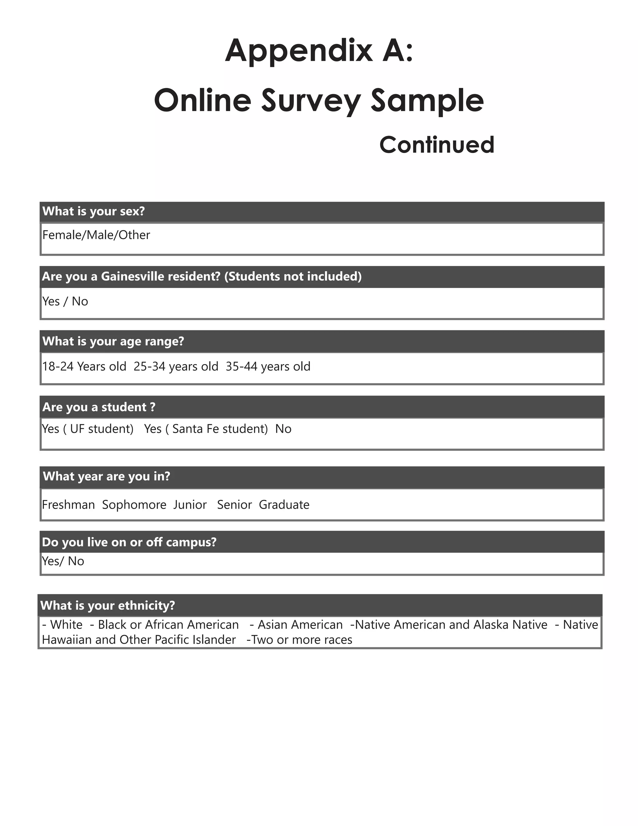 Appendix A:
Online Survey Sample
Continued
Female/Male/Other
What is your sex?
Are you a Gainesville resident? (Students not included)
Yes / No
What is your age range?
18-24 Years old 25-34 years old 35-44 years old
Yes ( UF student) Yes ( Santa Fe student) No
Are you a student ?
Freshman Sophomore Junior Senior Graduate
What year are you in?
Yes/ No
Do you live on or off campus?
- White - Black or African American - Asian American -Native American and Alaska Native - Native
Hawaiian and Other Pacific Islander -Two or more races
What is your ethnicity?
 