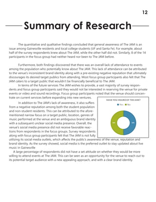 Summary of Research
The quantitative and qualitative findings concluded that general awareness of The JAM is an
issue among Gainesville residents and local college students (UF and Santa Fe). For example, about
half of the survey respondents knew about The JAM, while the other half did not. Similarly, 8 of the 14
participants in the focus group had neither heard nor been to The JAM before.
Furthermore, both findings discovered that there was an overall lack of attendance to events
among the population who potentially know about The JAM. This lack of attendance can be attributed
to the venue’s inconsistent brand identity along with a pre-existing negative reputation that ultimately
discourages its desired target publics from attending. Most focus group participants also felt that The
JAM caters to a target public that wouldn’t be financially beneficial to The JAM.
In terms of the future services The JAM wishes to provide, a vast majority of survey respon-
dents and focus group participants said they would not be interested in reserving the venue for private
events or video and sound recordings. Focus group participants noted that the venue should concen-
trate on current services before expanding into new ventures.
In addition to The JAM’s lack of awareness, it also suffers
from a negative reputation among both the student population
and non-student residents. This can be attributed to the afore-
mentioned narrow focus on a target public, location, genres of
music performed at the venue and an ambiguous brand identity
with a subsequent unclear social media presence. Overall, the
venue’s social media presence did not receive favorable reac-
tions from respondents in the focus groups. Survey respondents
along with focus group participants felt that The JAM is not fully
utilizing its social media outlets, which affects the public’s awareness of the venue, reputation and
brand identity. As the survey showed, social media is the preferred outlet to stay updated about live
music in Gainesville
A large percentage of respondents did not have a set attitude on whether they would be more
willing to attend events at The JAM. This can be seen as an opportunity for the venue to reach out to
its potential target audience with a new appealing approach, and with a clear brand identity.
12
 