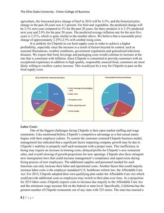 The	
  Ohio	
  State	
  University	
  -­‐	
  Fisher	
  College	
  of	
  Business	
  
9	
  |	
  P a g e 	
  
	
  
agriculture, the forecasted price change of beef in 2016 will be 2-3%, and the historical price
change in the past 20 years was 4.1 percent. For fruit and vegetables, the predicted change will
be 2-3% next year compared to 3% for the past 20 years; for dairy products it is 2-3% predicted
next year and 2.8% for the past 20 years. The predicted average inflation rate for the next five
years is 2.21%, which is quite similar to the number above. We believe that a reasonable price
change of approximately 2.25%-2.5% will combat rising costs.
It is unlikely for Chipotle to cut food supply costs in order to achieve a higher
profitability, especially since the increase is a result of factors beyond its control, such as
seasonal fluctuations, weather conditions, government regulations and generalized infectious
diseases. We expect that food, beverage and packaging costs would continue to increase at the
rate that is consistent with inflation. Since Chipotle is committed to provide customers with an
exceptional experience in addition to high quality, responsibly sourced food, customers are most
likely willing to swallow a price increase. This would just be a way for Chipotle to pass on the
food supply costs.
Labor Costs:
One of the biggest challenges facing Chipotle is their open market staffing and wage
constraints. Like mentioned before, Chipotle’s competitive advantage as a fast casual eatery
begins with their employee culture. To sustain the customer centered Chipotle business model,
management has indicated that a significant factor impacting company growth may be due to
Chipotle’s inability to properly staff each restaurant with a proper team. This inefficiency in
hiring may require an increase in training costs, delayed profits for Chipotle’s new restaurant
sales, and overall slowing of growth projections for new openings. Chipotle also faces stringent
new immigration laws that could increase management’s compliance and supervision during
hiring process of new employees. The additional supplies and personnel needed for such
functions can only increase their labor and operational costs. Another factor that could majorly
increase labor costs is the employer mandated U.S. healthcare reform law, the Affordable Care
Act. For 2015, Chipotle adopted their own qualifying plan under the Affordable Care Act which
could provide additional costs as employees may switch to their plan over time. As a projection
for 2015 labor costs, Chipotle expects costs to increase due majorly to the Affordable Care Act
and the minimum wage increase felt on the federal or state level. Specifically, California has the
greatest number of Chipotle restaurants out of any state with 325 stores. The state has enacted a
 