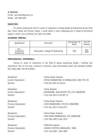 A. Perumal
E-mail: perummail@gmail.com
Mobile: +65 98974292
OBJECTIVE:
An astute professional with 9+ years of experience in Piping Design & Engineering across Oil &
Gas, Power Piping and Process Piping. I would prefer a more challenging job in Piping & Mechanical
aspects, where I can contribute my Talent and Skills.
ACADEMIC PROFILE:
Qualification Institution
Percentage Of
Marks
Year Of
Passing
B.E.,
Production
Engineering
Adhiyamaan College Of Engineering 76%
May
2004
PROFESSIONAL EXPERIENCE:
Having 9+ years of experience in the field of piping engineering design / drafting and
mechanical, with oil and gas, chemical & refineries, using international codes and standards (ASME,
API, SHELL-DEP, EM-GP & ANSI).
Designation : Piping Design Engineer
Current Organization : MITSUI ENGINEERING & SHIPBUILDING ASIA PTE LTD
Duration : From Oct 2015 to Current
Designation : Piping Designer
Current Organization : EXXONMOBIL ASIA PACIFIC PTE. LTD, SINGAPORE
Duration : From Sep 2013 to 30 SEP 15
Designation : Piping Design Engineer
Previous Organization : UTOC ENGINEERING PTE LTD, SINGAPORE
Duration : From Apr 2013 to Sep 2013
Designation : Piping Design Engineer
Previous Organization : MUN SIONG ENGINEERING LTD, SINGAPORE
Duration : From May 2007 to Apr 2013
Designation : CAD/CAM Engineer
Previous Organization : ANICAD SYSTEMS, BANGALORE, INDIA
Duration : from June 2004 - April 2007
 